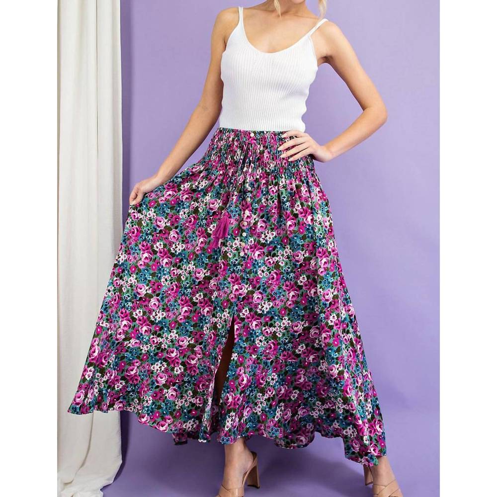 NEW EE:SOME floral maxi skirt with smocked waist & button front in fuchsia - Picture 7 of 8